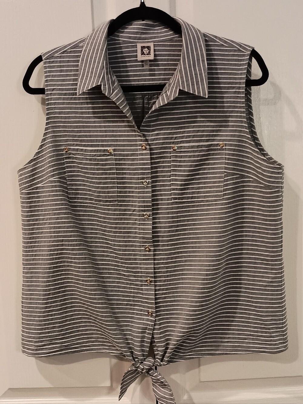 Anne Klein Gray and White Striped Tie-Hem Sleeveless Button-Up Top